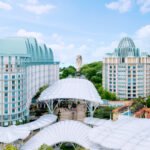 Singapore. November 06, 2017: Aerial landscape of Sentosa Merlion and Crockfords Tower Hotel in Sentosa Island