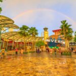 Singapore - May 2, 2018: Sentosa Bull Ring square with Universal Studios world globe in a rainbow at sunset. Famous place for holidays.Universal Studios is the first Hollywood movie theme park in Asia